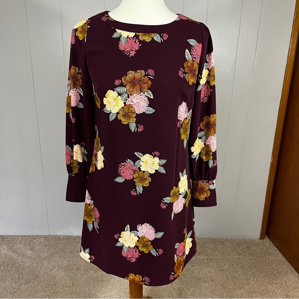 LOFT burgundy floral Sheath Dress with Bishop Sleeves